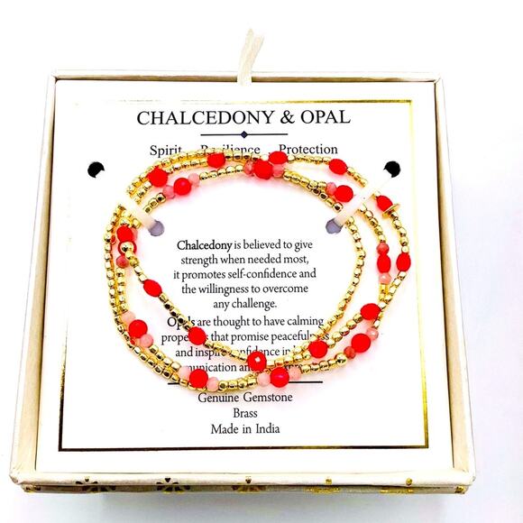 Shivam Chalcedony & Opal Red and Gold Beaded Brass Bracelets - Picture 2 of 7
